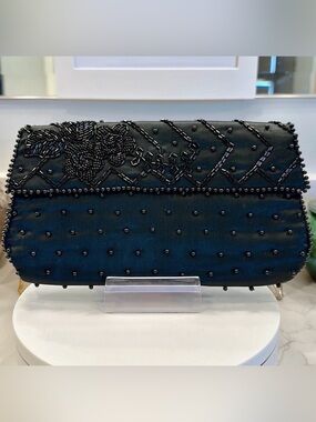 VTG Bon Soir Black Beaded Evening Bag, Handmade in Japan w/ Italian Beads EUC
